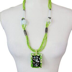 Artisan Made Long Glass Beaded Necklace Inlaid Shell Pendant Chartreuse Green